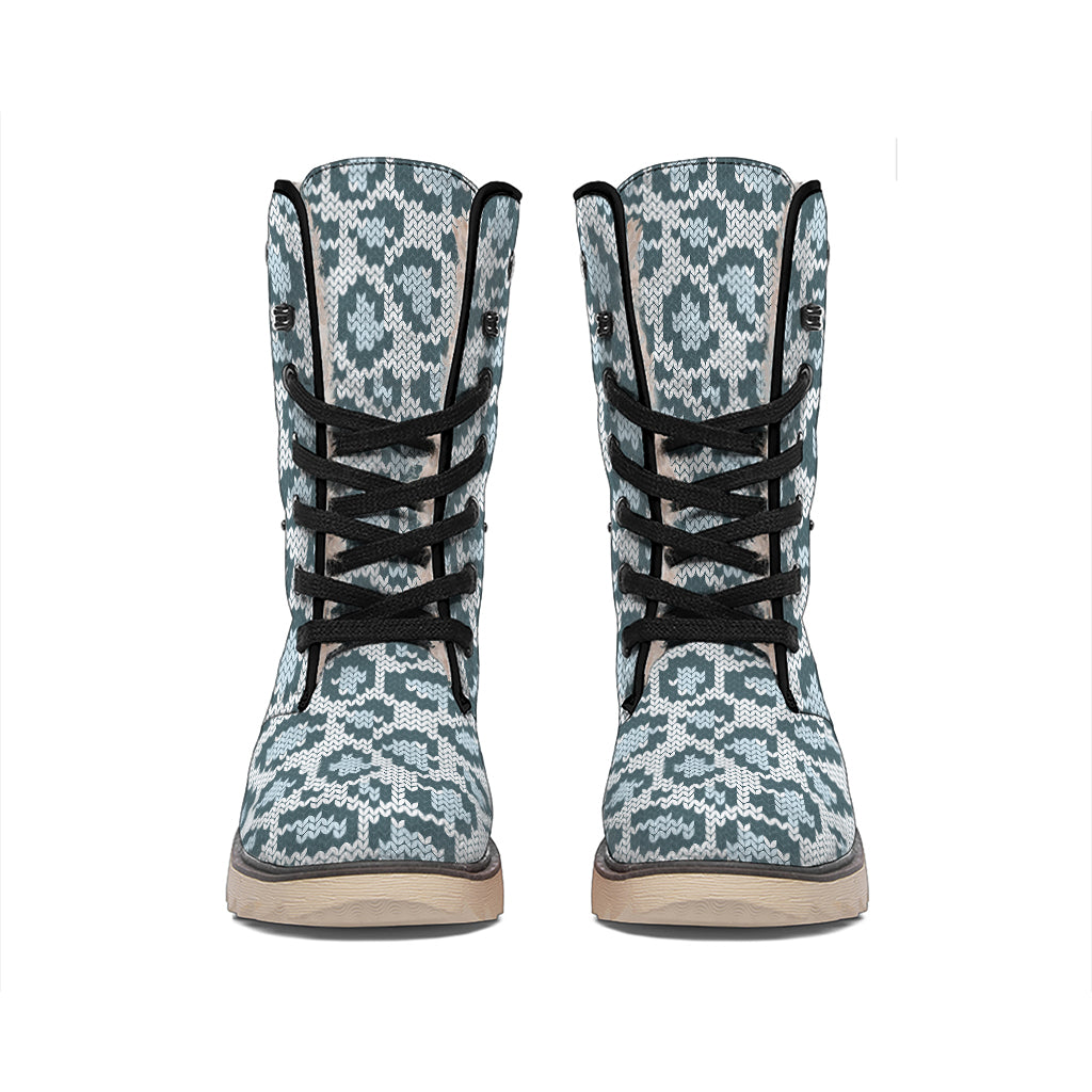 Snow Leopard Knitted Pattern Print Winter Boots