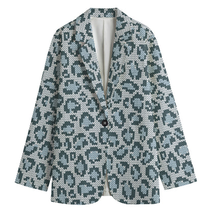 Snow Leopard Knitted Pattern Print Women's Cotton Blazer