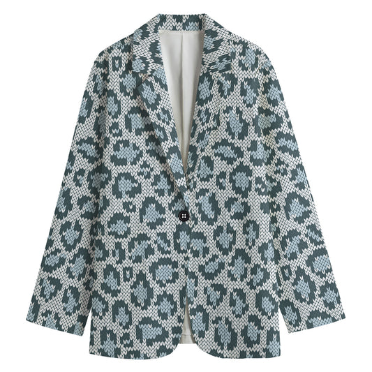 Snow Leopard Knitted Pattern Print Women's Cotton Blazer