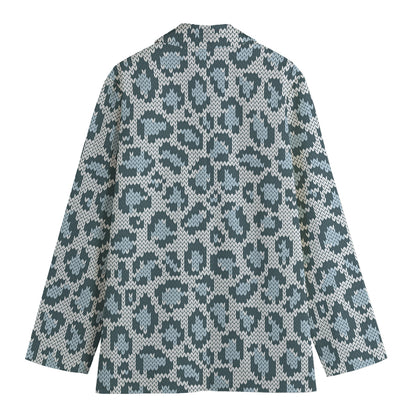 Snow Leopard Knitted Pattern Print Women's Cotton Blazer