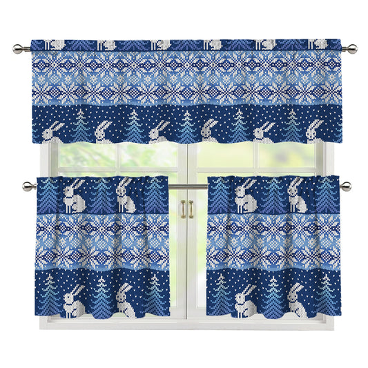 Snow Rabbit Knitted Pattern Print 3 Piece Kitchen Curtains
