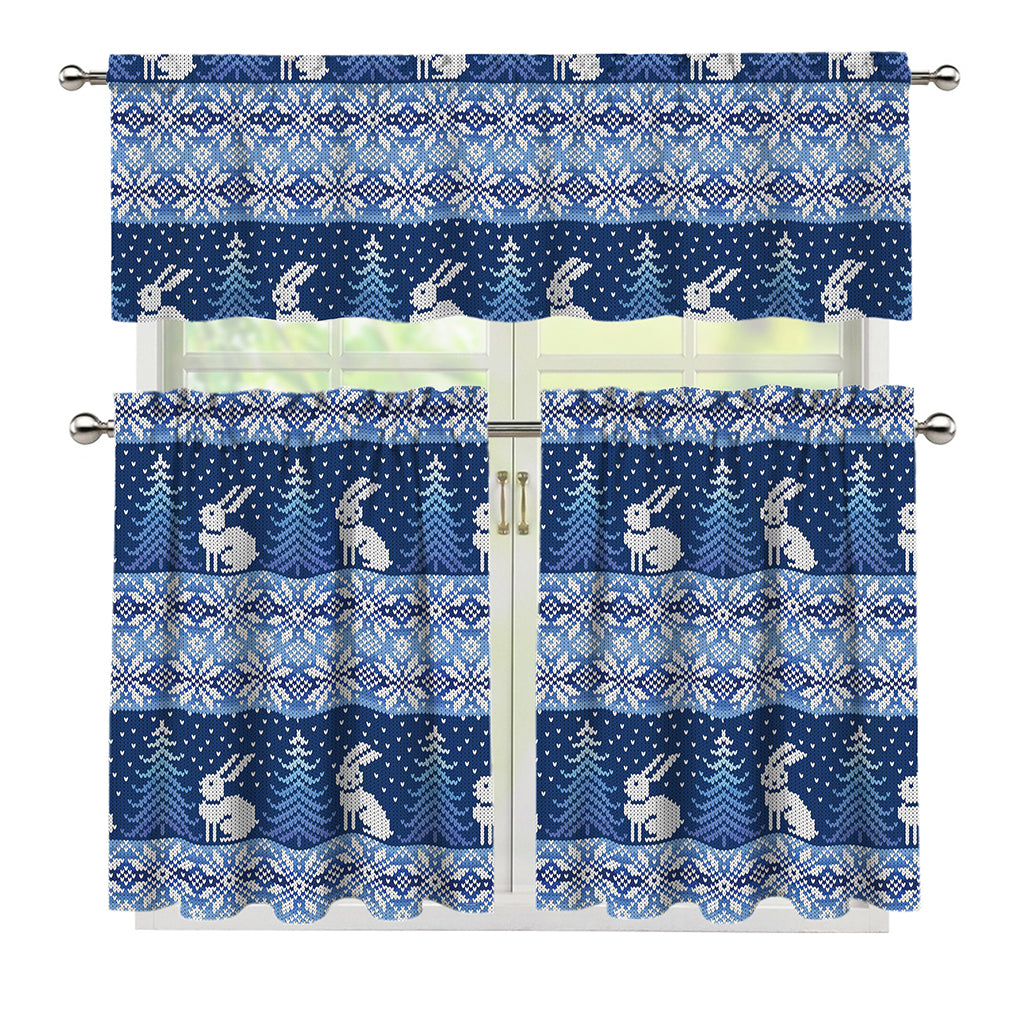Snow Rabbit Knitted Pattern Print 3 Piece Kitchen Curtains