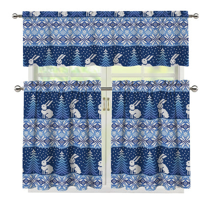 Snow Rabbit Knitted Pattern Print 3 Piece Kitchen Curtains