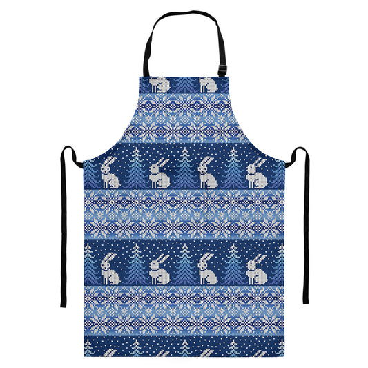 Snow Rabbit Knitted Pattern Print Bib Apron With Pocket