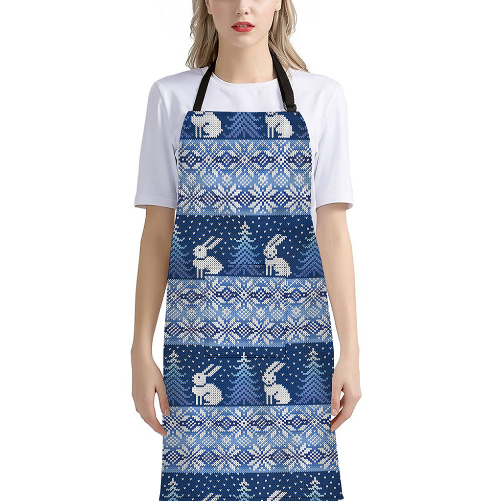 Snow Rabbit Knitted Pattern Print Bib Apron With Pocket