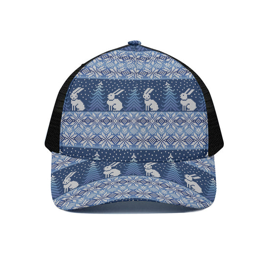 Snow Rabbit Knitted Pattern Print Black Mesh Trucker Cap