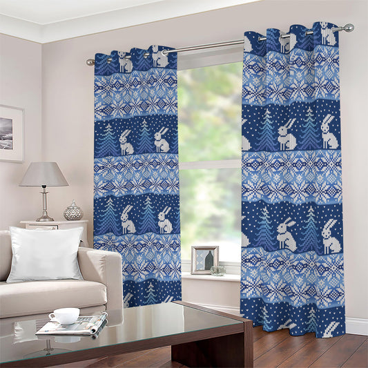 Snow Rabbit Knitted Pattern Print Blackout Grommet Curtains