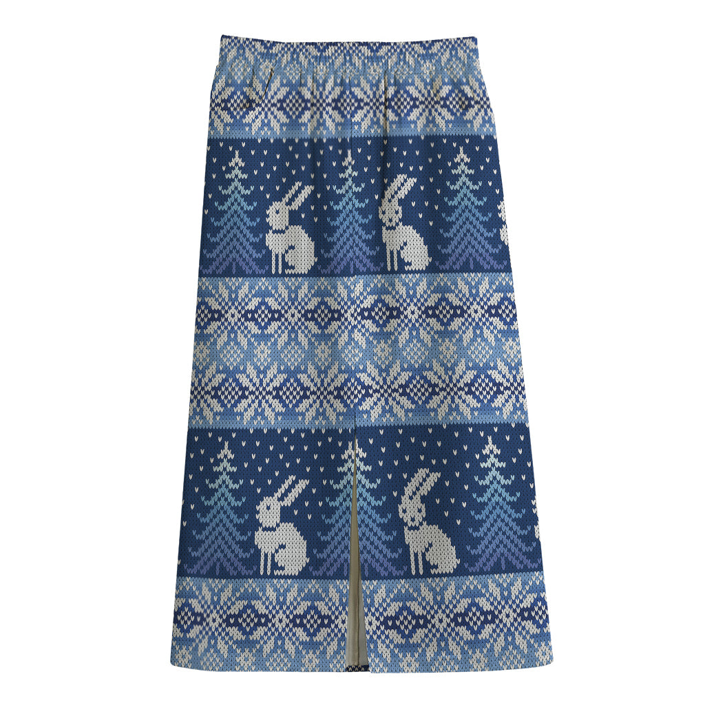 Snow Rabbit Knitted Pattern Print Cotton Front Slit Maxi Skirt