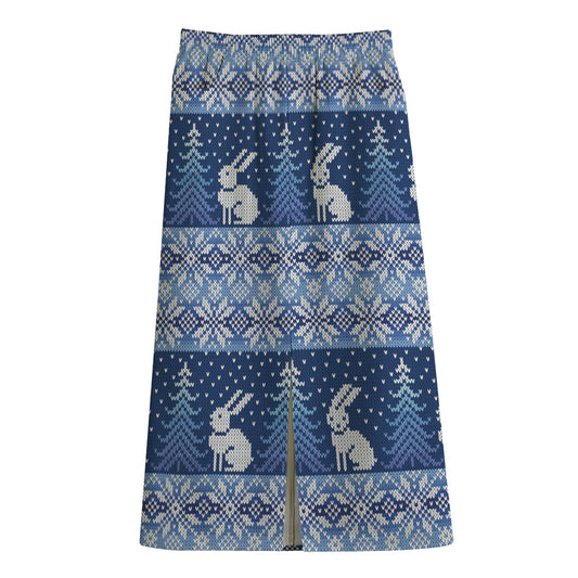 Snow Rabbit Knitted Pattern Print Cotton Front Slit Maxi Skirt