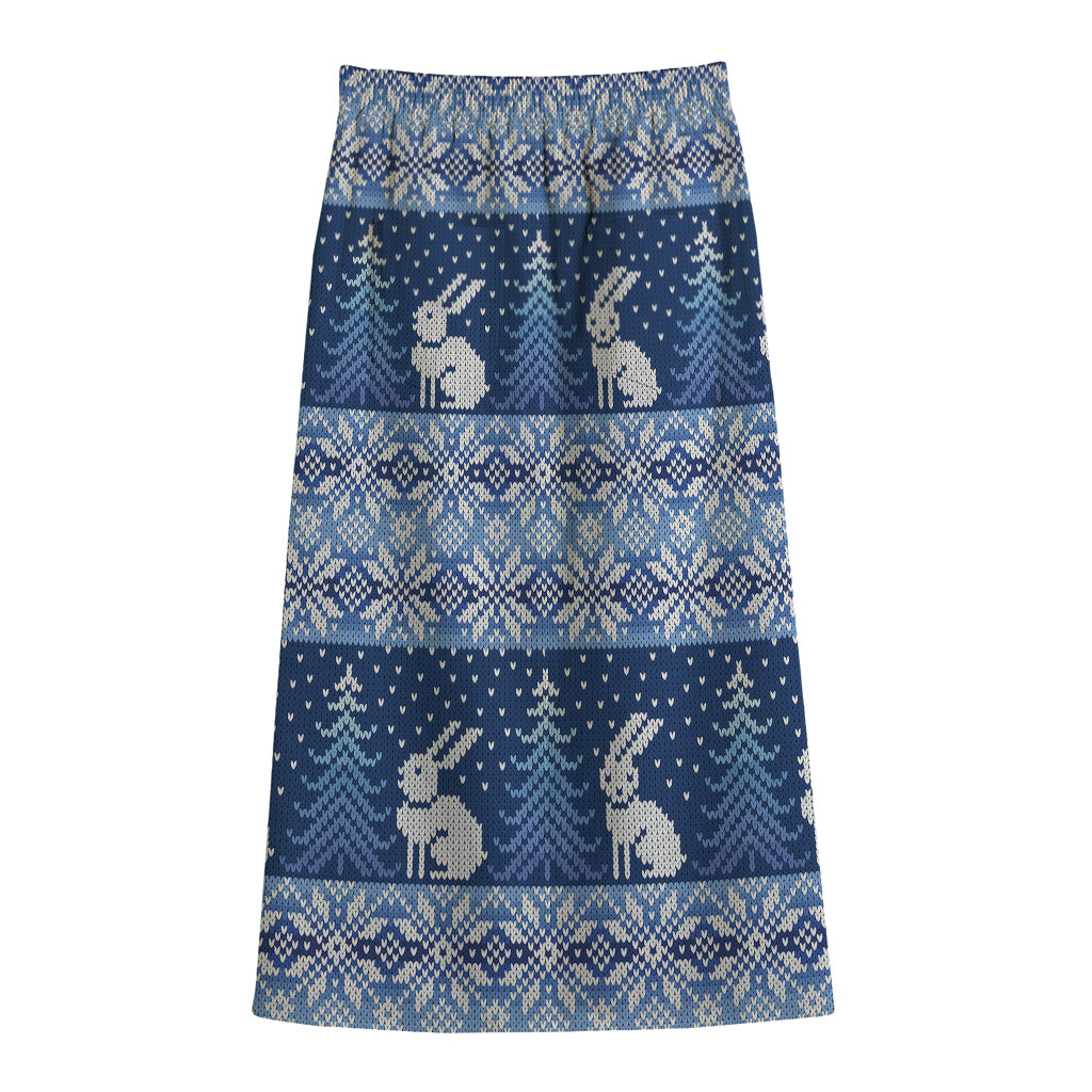 Snow Rabbit Knitted Pattern Print Cotton Front Slit Maxi Skirt