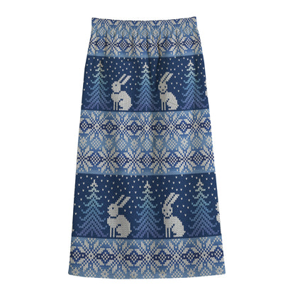 Snow Rabbit Knitted Pattern Print Cotton Front Slit Maxi Skirt