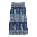 Snow Rabbit Knitted Pattern Print Cotton Front Slit Maxi Skirt