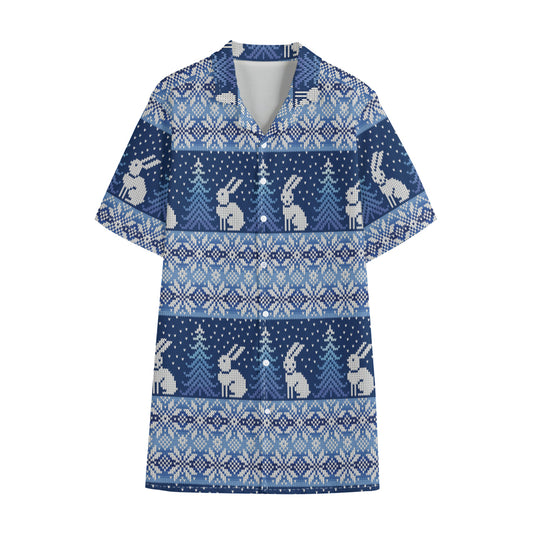 Snow Rabbit Knitted Pattern Print Cotton Hawaiian Shirt