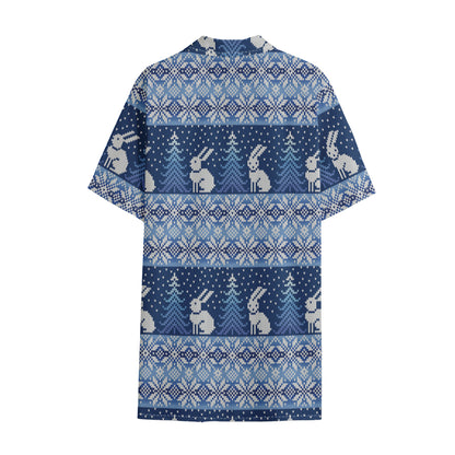 Snow Rabbit Knitted Pattern Print Cotton Hawaiian Shirt