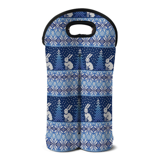Snow Rabbit Knitted Pattern Print Double Neoprene Wine Tote