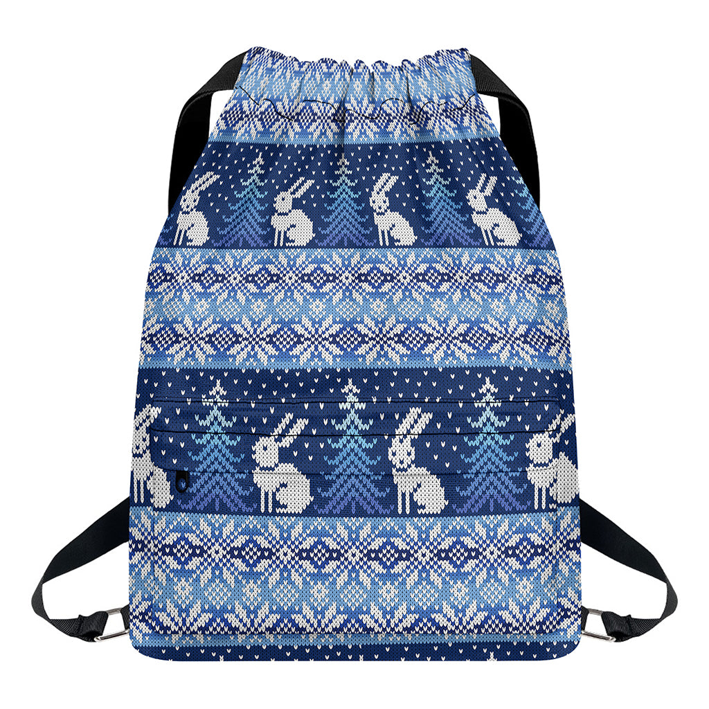 Snow Rabbit Knitted Pattern Print Drawstring Backpack