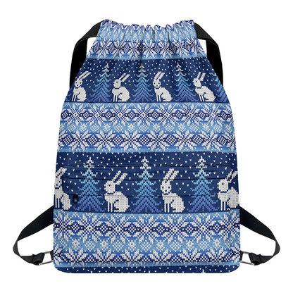 Snow Rabbit Knitted Pattern Print Drawstring Backpack
