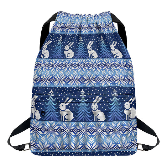 Snow Rabbit Knitted Pattern Print Drawstring Backpack