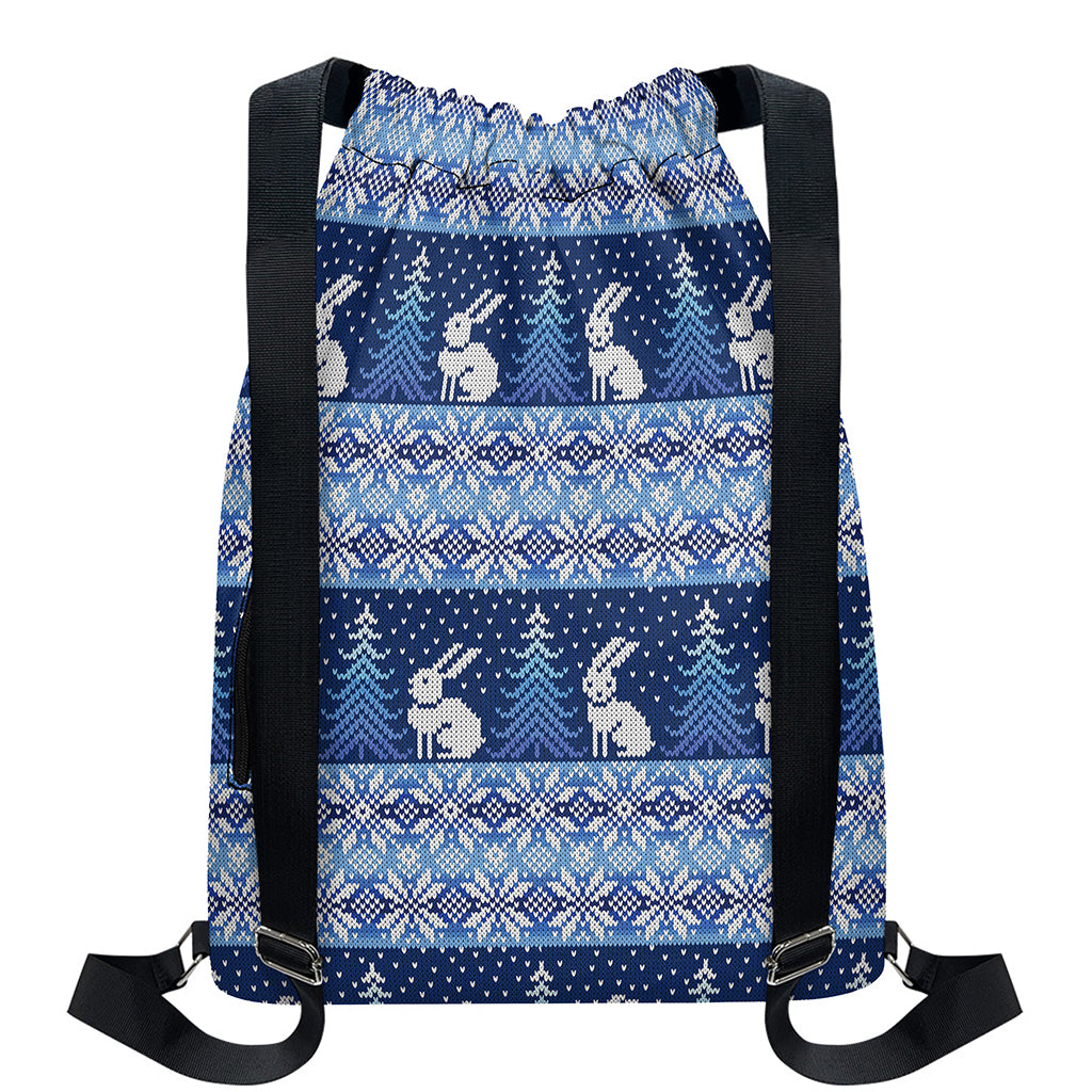 Snow Rabbit Knitted Pattern Print Drawstring Backpack