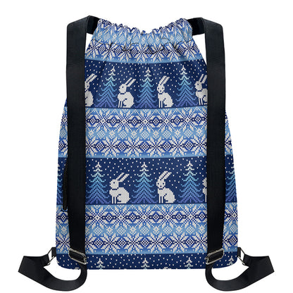Snow Rabbit Knitted Pattern Print Drawstring Backpack