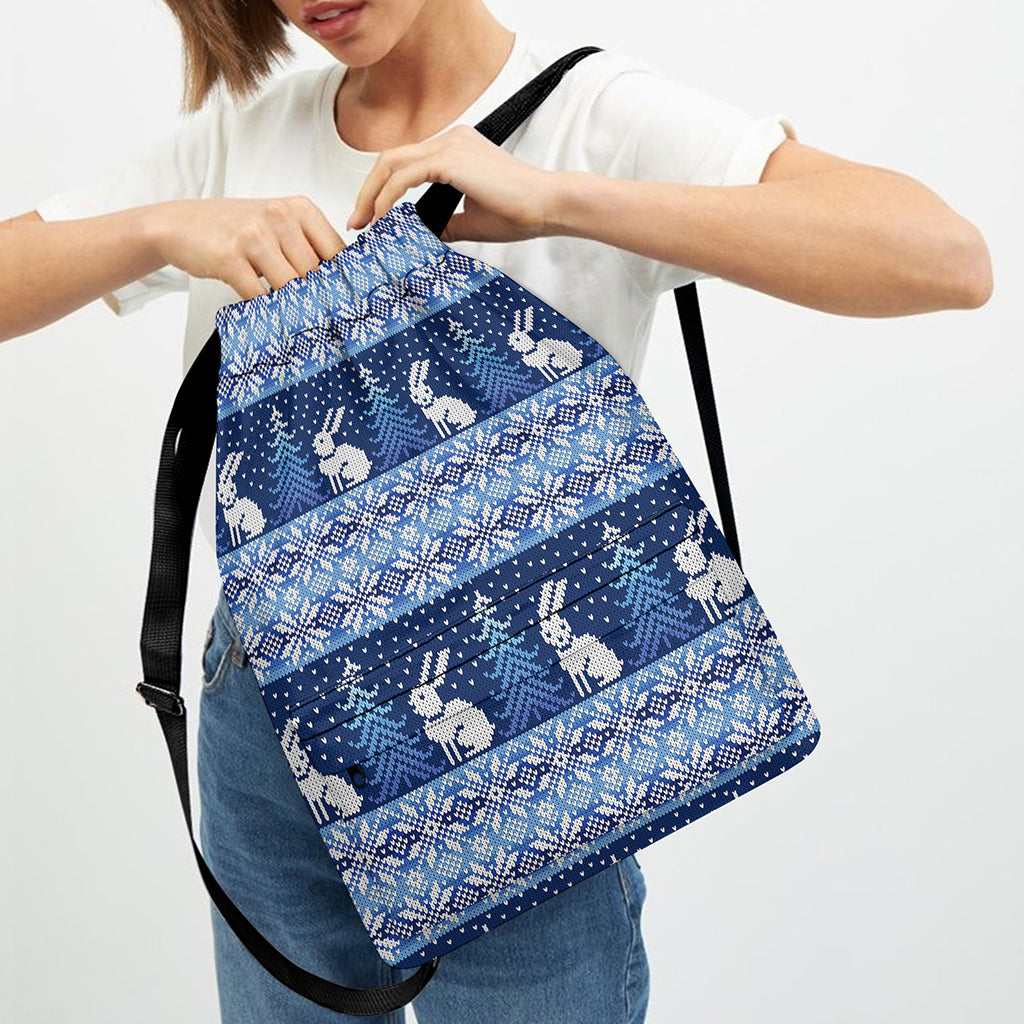 Snow Rabbit Knitted Pattern Print Drawstring Backpack