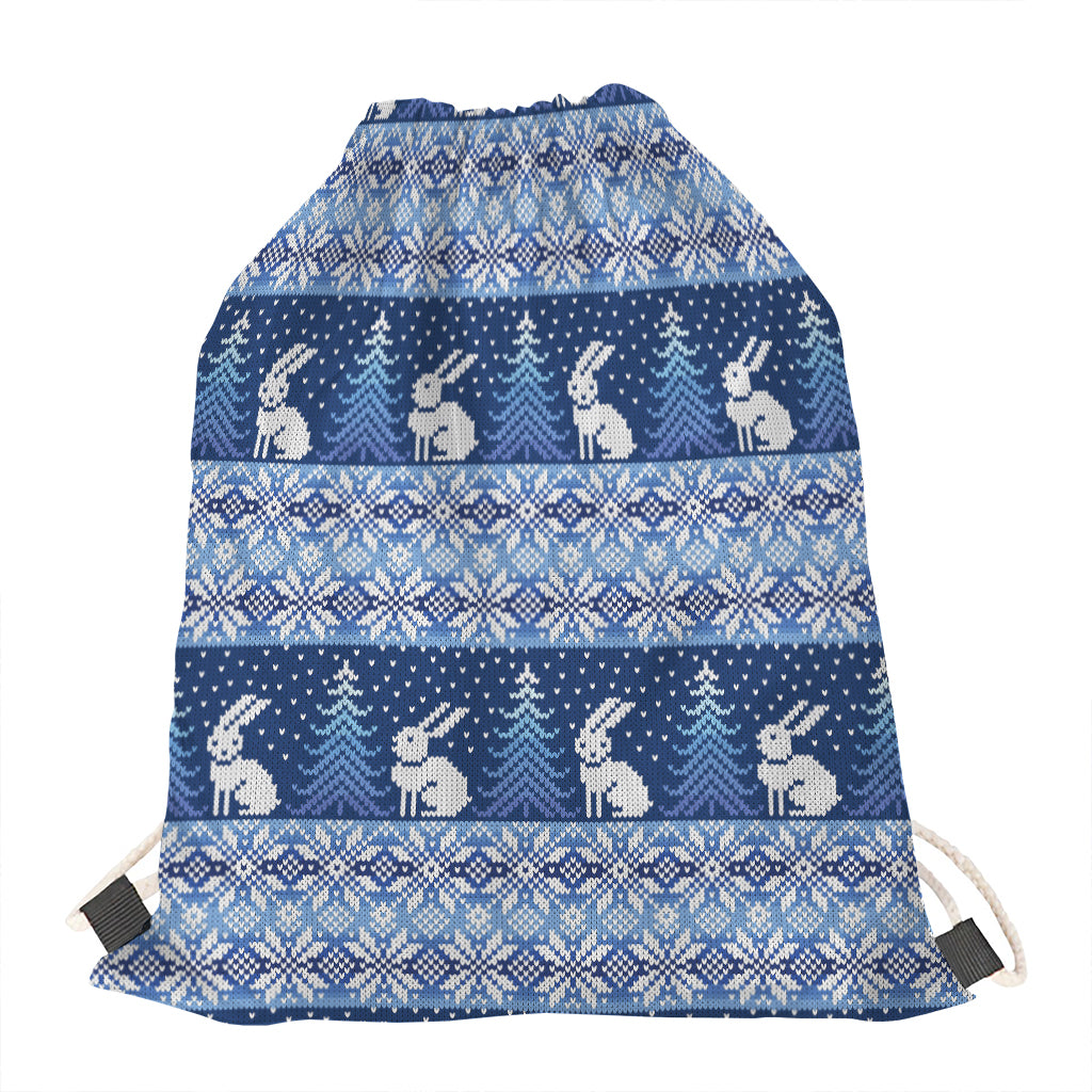 Snow Rabbit Knitted Pattern Print Drawstring Bag