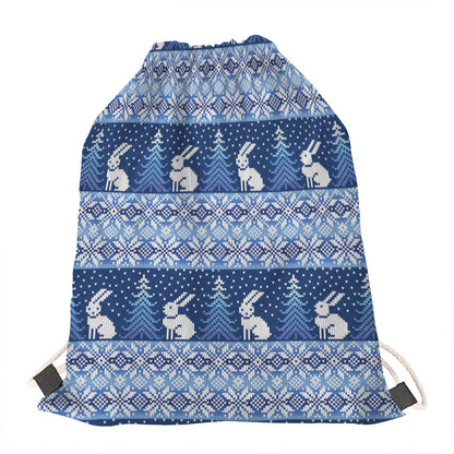 Snow Rabbit Knitted Pattern Print Drawstring Bag