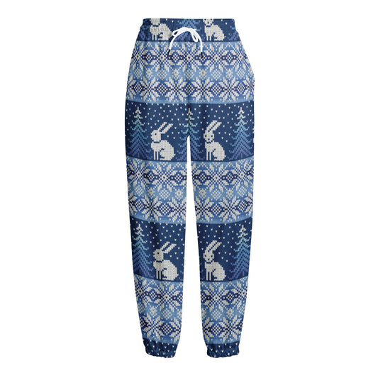 Snow Rabbit Knitted Pattern Print Fleece Lined Knit Pants