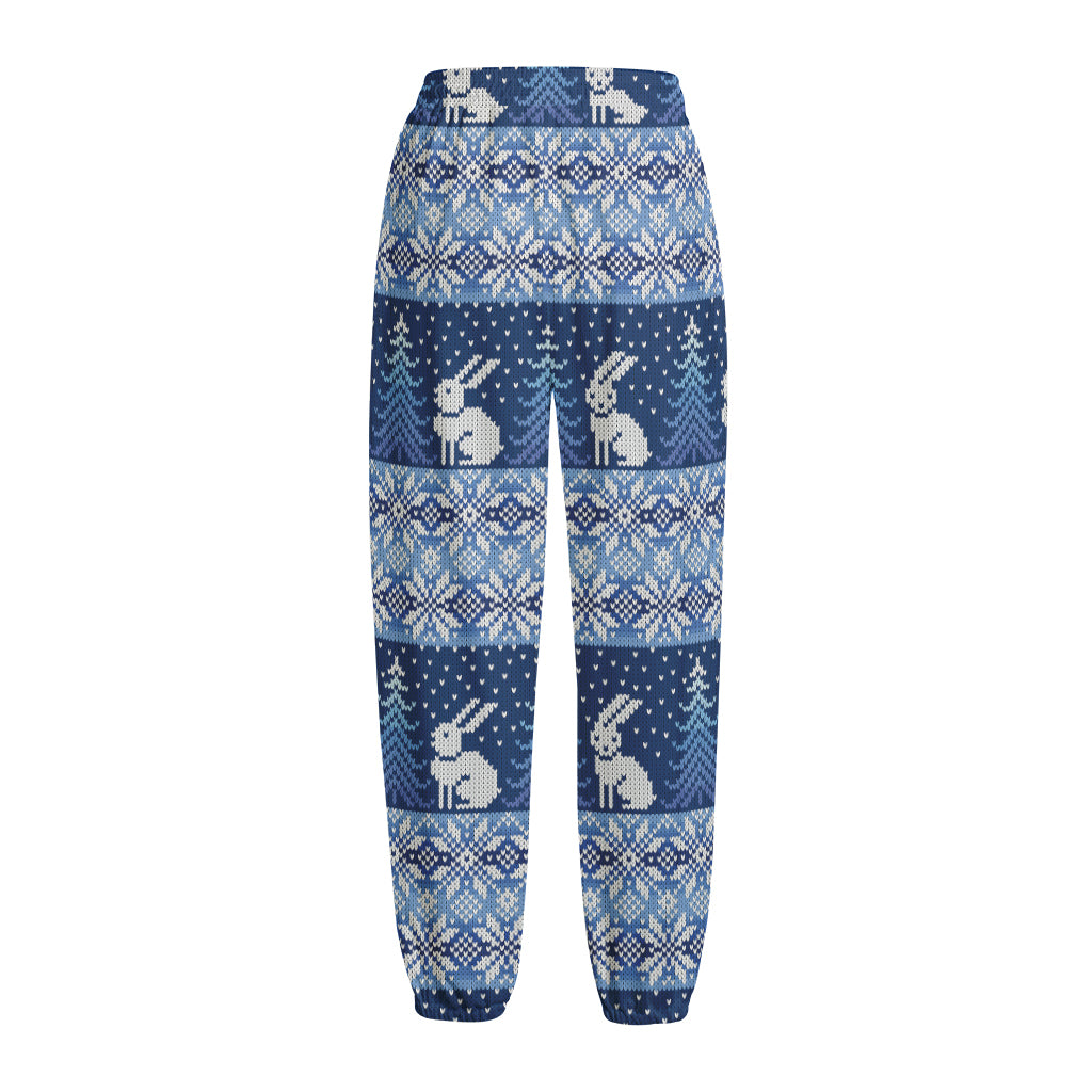 Snow Rabbit Knitted Pattern Print Fleece Lined Knit Pants