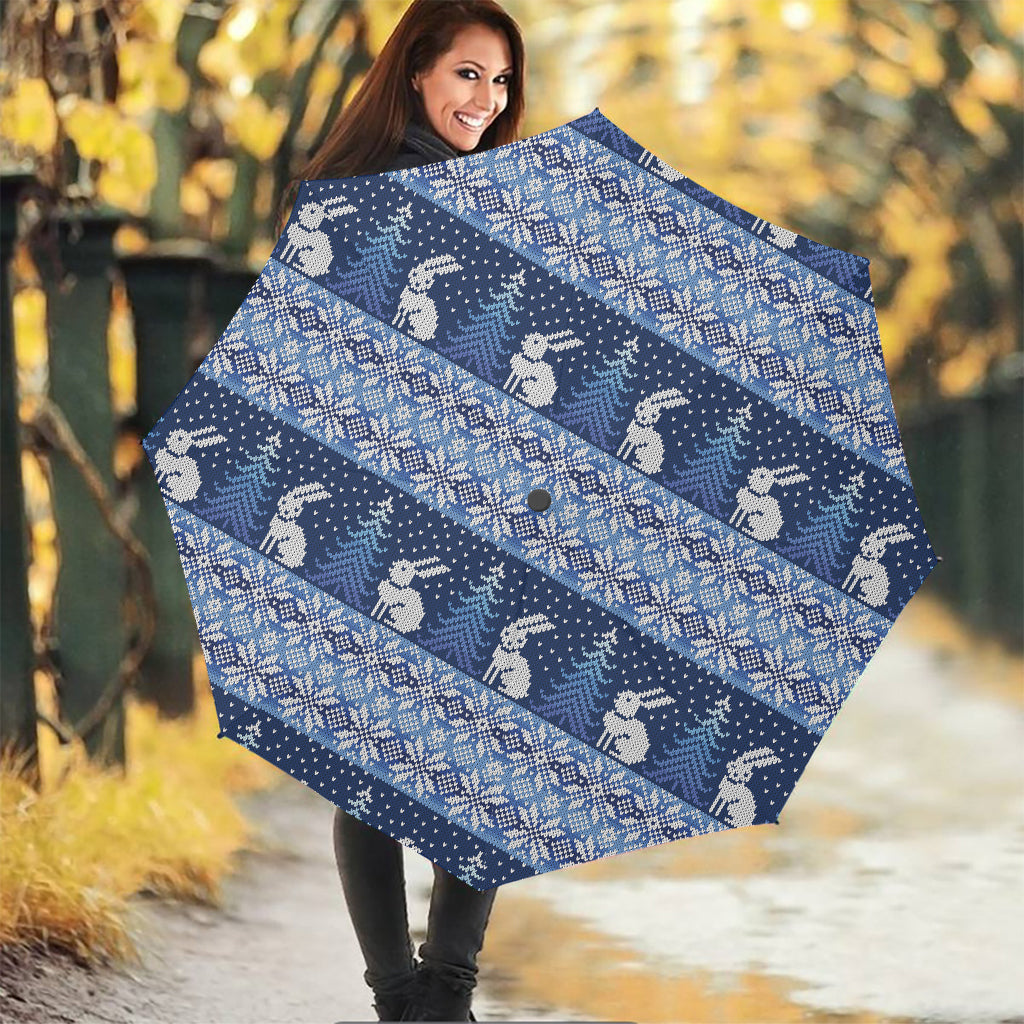 Snow Rabbit Knitted Pattern Print Foldable Umbrella