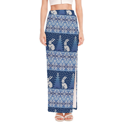 Snow Rabbit Knitted Pattern Print High Slit Maxi Skirt