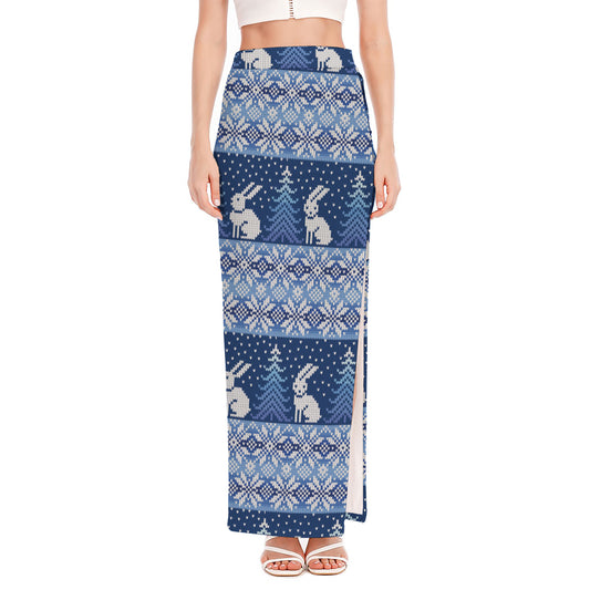 Snow Rabbit Knitted Pattern Print High Slit Maxi Skirt