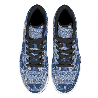 Snow Rabbit Knitted Pattern Print High Top Leather Sneakers