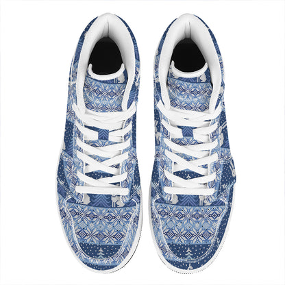 Snow Rabbit Knitted Pattern Print High Top Leather Sneakers