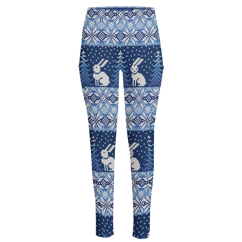 Snow Rabbit Knitted Pattern Print High-Waisted Pocket Leggings