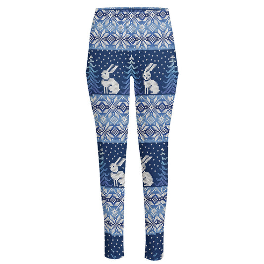 Snow Rabbit Knitted Pattern Print High-Waisted Pocket Leggings