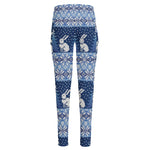 Snow Rabbit Knitted Pattern Print High-Waisted Pocket Leggings
