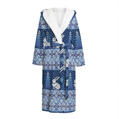 Snow Rabbit Knitted Pattern Print Hooded Bathrobe
