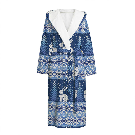 Snow Rabbit Knitted Pattern Print Hooded Bathrobe