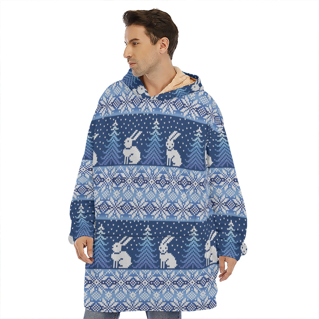 Snow Rabbit Knitted Pattern Print Hoodie Blanket