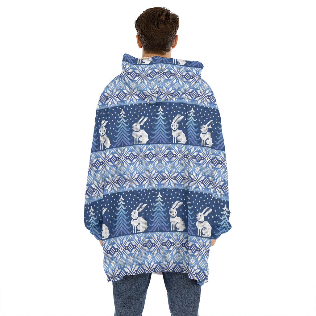 Snow Rabbit Knitted Pattern Print Hoodie Blanket
