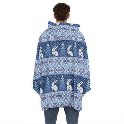 Snow Rabbit Knitted Pattern Print Hoodie Blanket