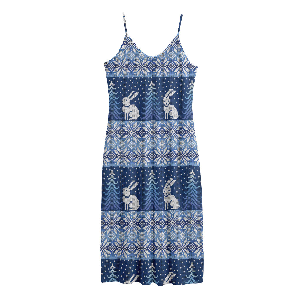 Snow Rabbit Knitted Pattern Print Jersey Midi Cami Dress