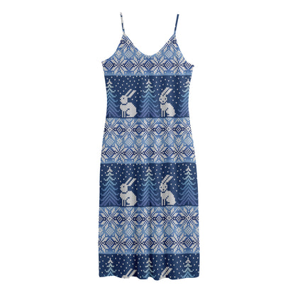 Snow Rabbit Knitted Pattern Print Jersey Midi Cami Dress