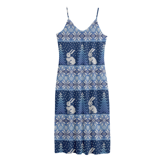 Snow Rabbit Knitted Pattern Print Jersey Midi Cami Dress