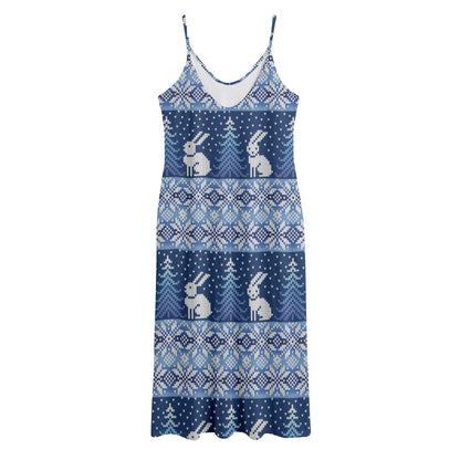 Snow Rabbit Knitted Pattern Print Jersey Midi Cami Dress