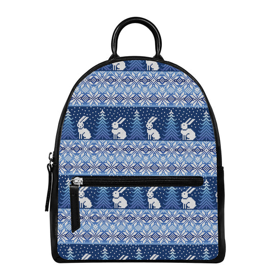 Snow Rabbit Knitted Pattern Print Leather Backpack