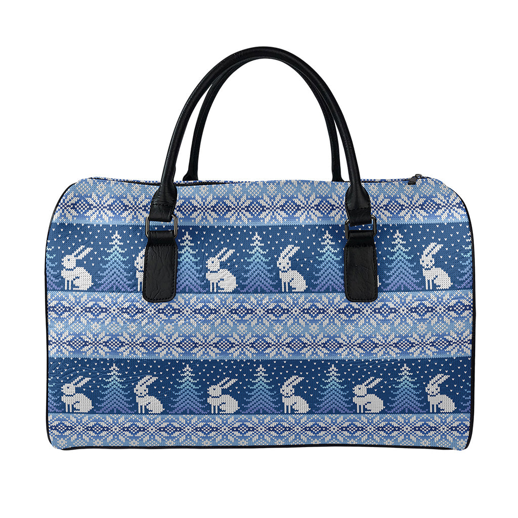 Snow Rabbit Knitted Pattern Print Leather Duffle Bag