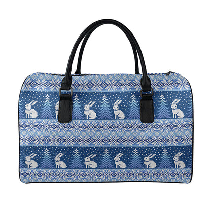 Snow Rabbit Knitted Pattern Print Leather Duffle Bag