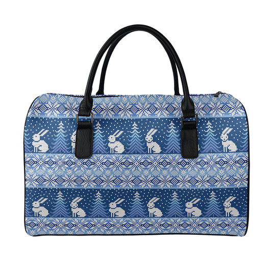 Snow Rabbit Knitted Pattern Print Leather Duffle Bag